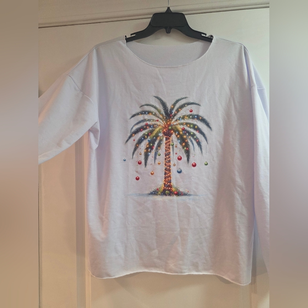 Christmas. White Long Sleeve Shirt with Palm Tree Design - Picture 2 of 3